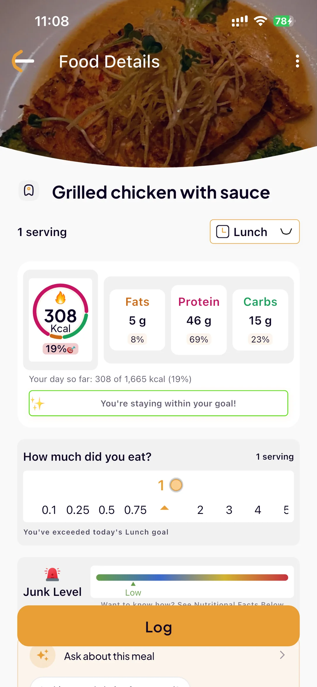 The SlimAI food details screen for grilled chicken with sauce: 308 kcal, 5 g fat, 46 g protein, 15 g carbs, and 19% of the daily goal used