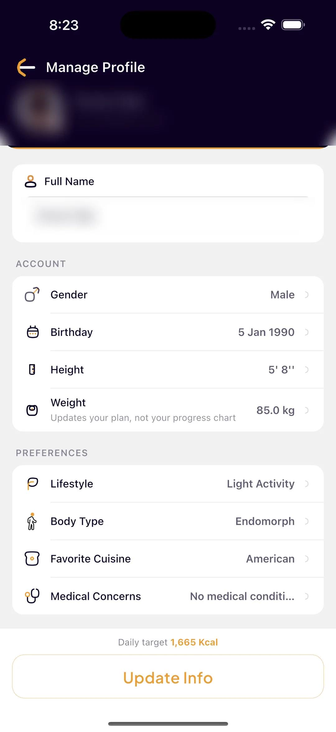 The SlimAI profile screen with gender, birthday, height, weight, lifestyle, body type, favourite cuisine and medical concerns, and the daily calorie target they produce