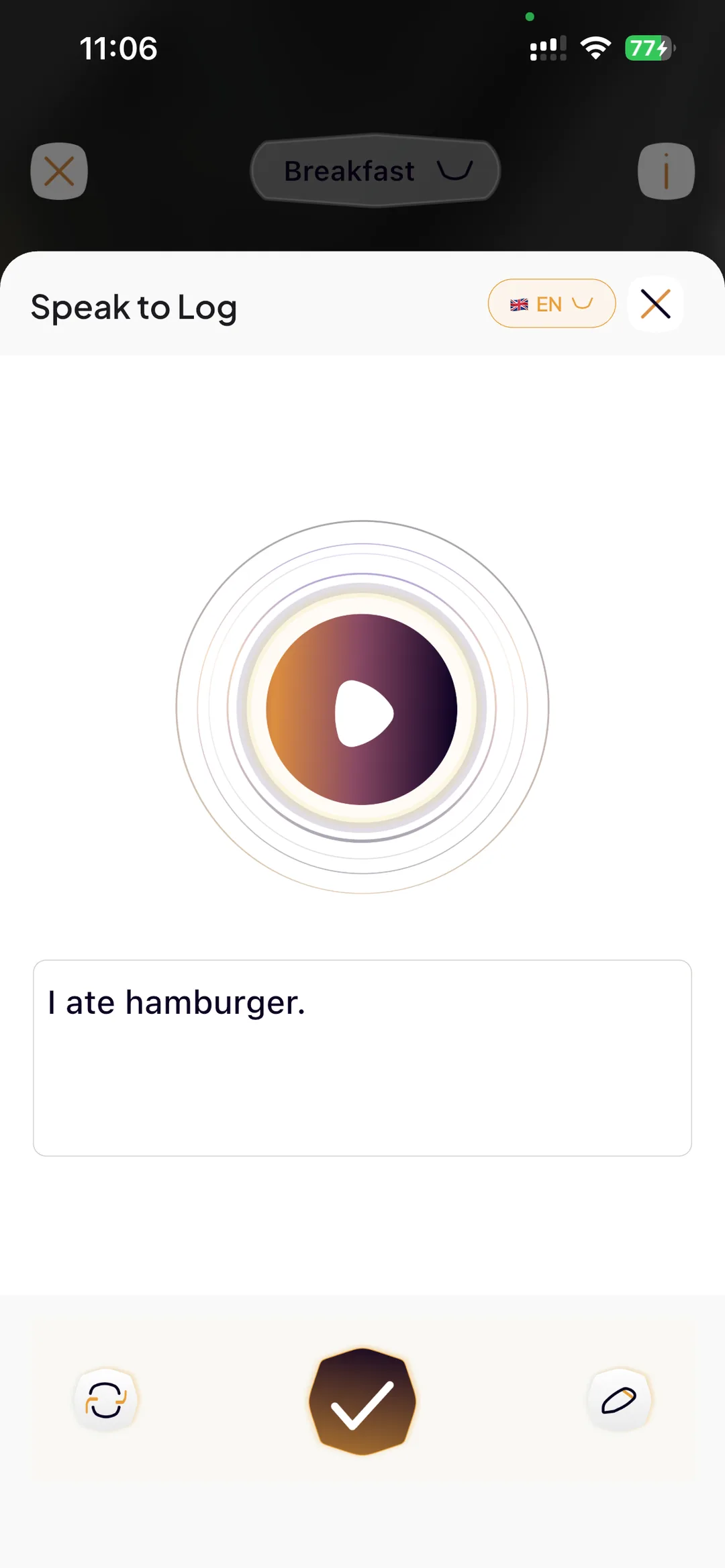 A voice log transcribed in SlimAI reading “I ate hamburger.”, with controls to redo, confirm or edit the text