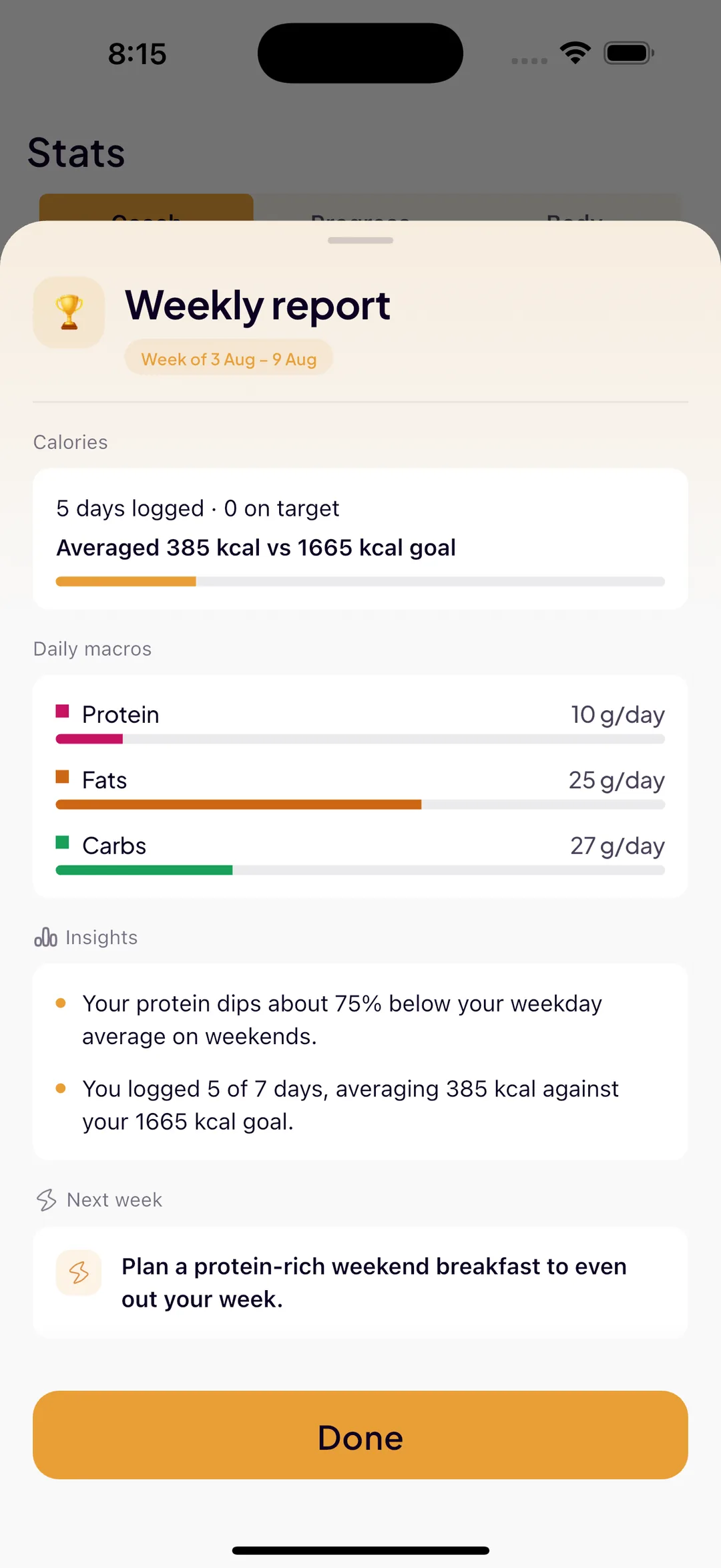 The SlimAI weekly report for 3–9 August: days logged and on target, average calories against goal, daily protein, fat and carb averages, written insights, and one thing to try next week