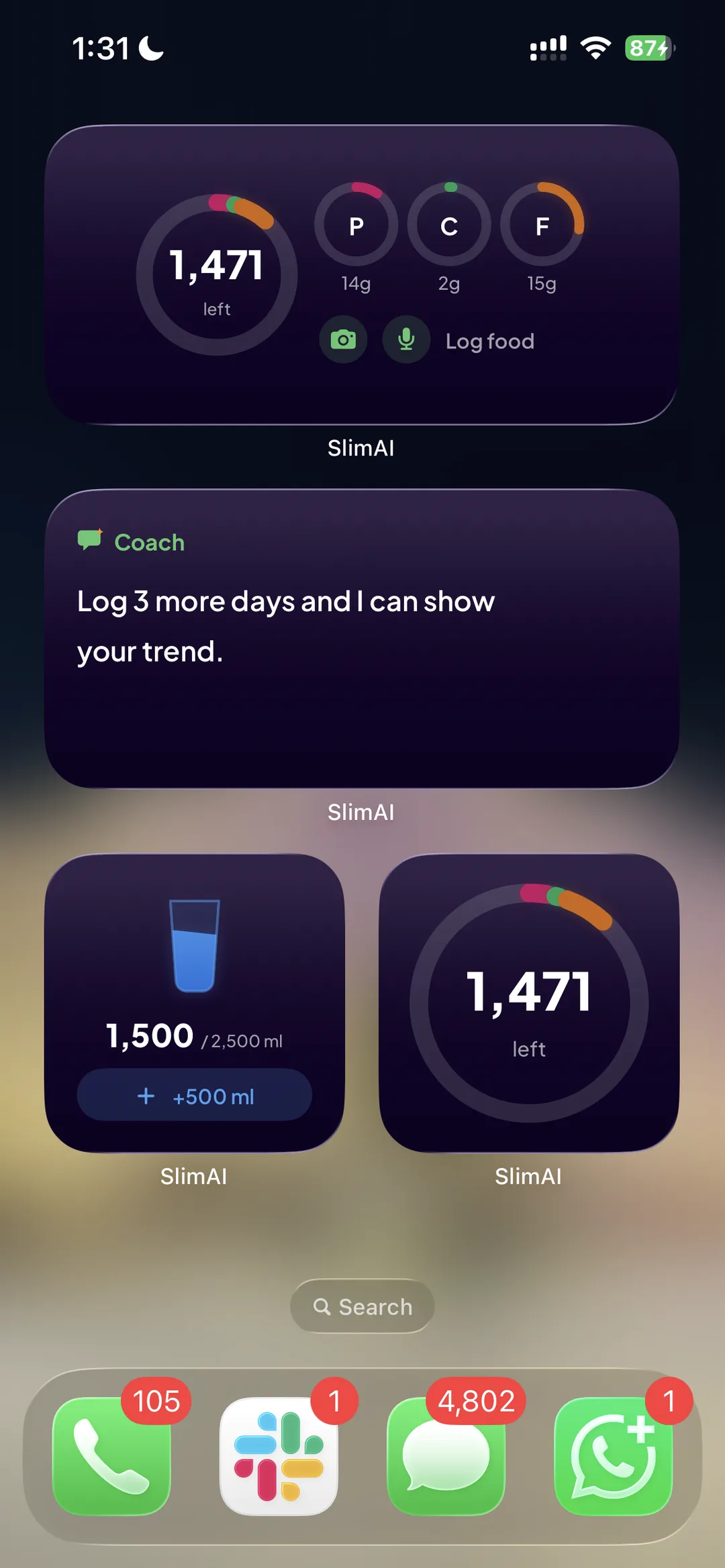 SlimAI widgets on an iPhone home screen: a wide calorie tile reading 1,471 left with a macro-banded ring and separate protein, carb and fat rings at 14 g, 2 g and 15 g plus camera and microphone shortcuts, a coach tile reading “Log 3 more days and I can show your trend”, a water tile at 1,500 of 2,500 ml with a +500 ml button, and a small calorie ring